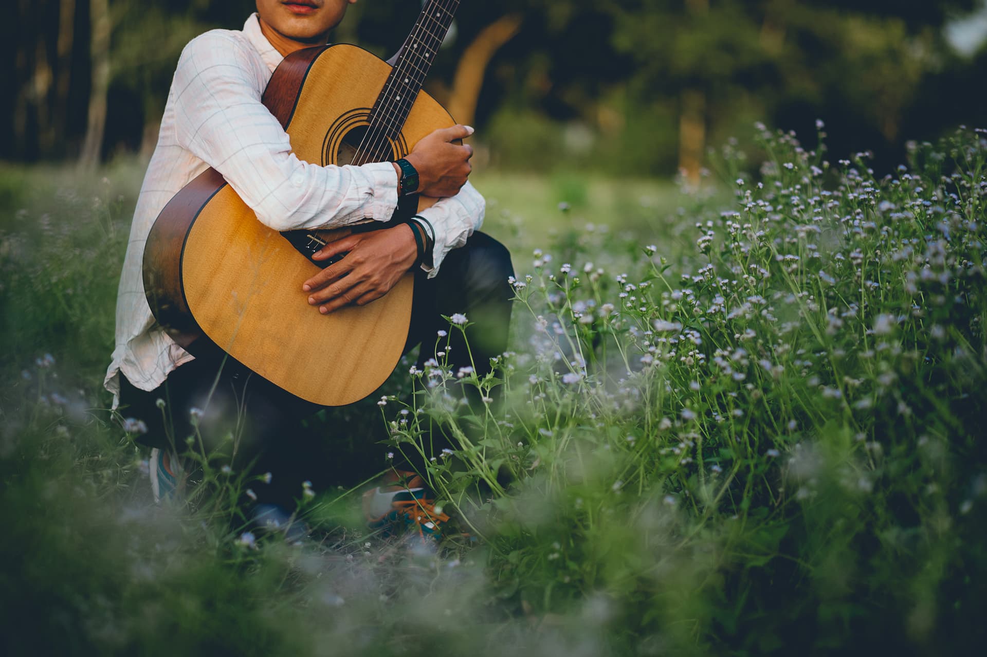 ragazzo con chitarra su un prato